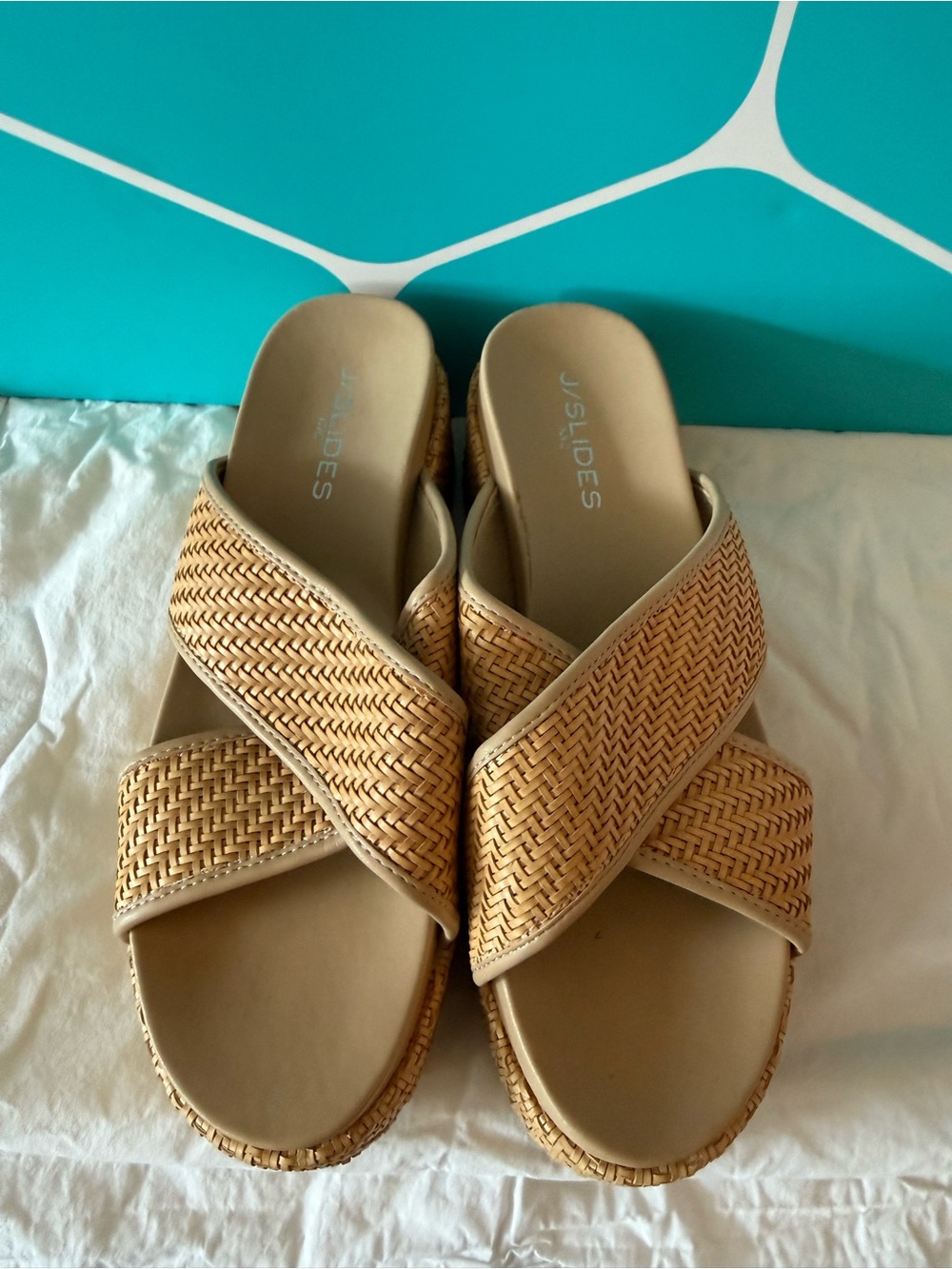 J/SLIDES Tan Woven Crisscross Slide Sandals. Retail $168